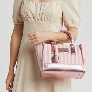 NWT Kurt Geiger London Chiswick Shopper Canvas Tote Bag Pink & White Striped